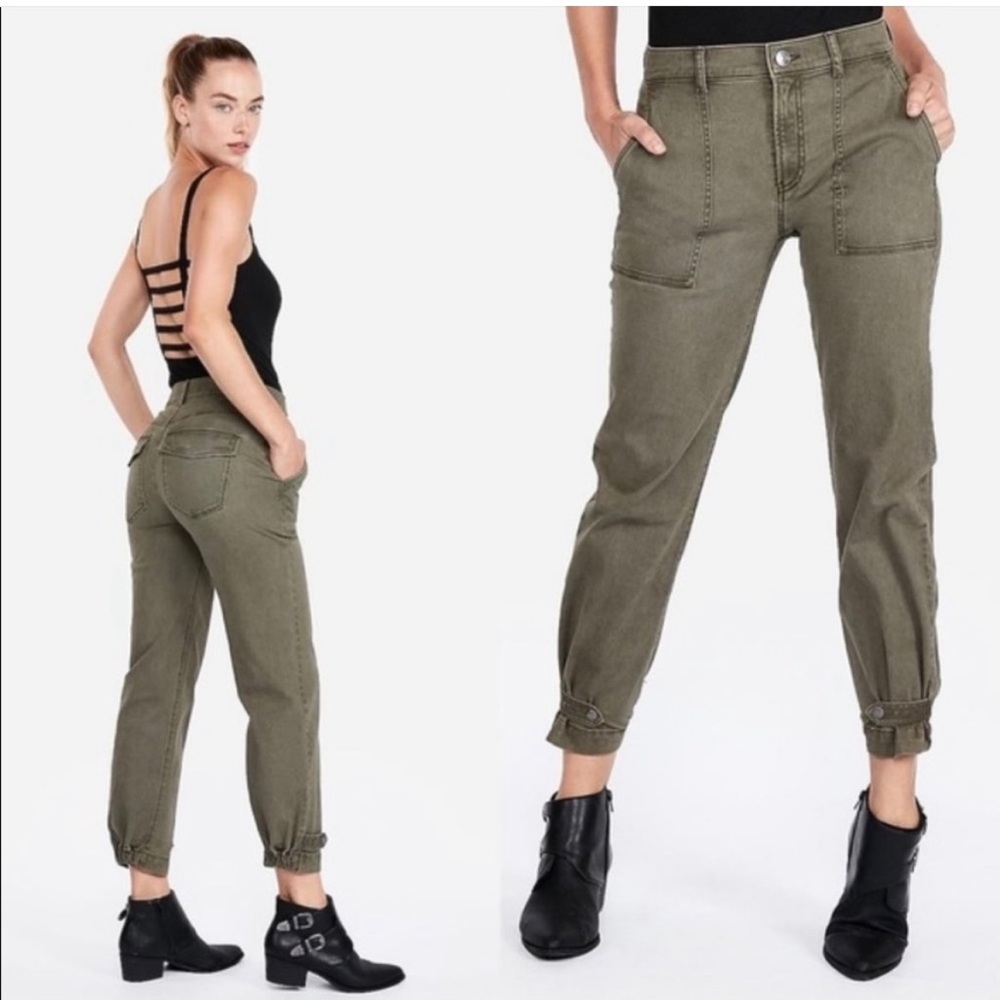 Express High Rise Straight Crop Green Utility Cargo Pants